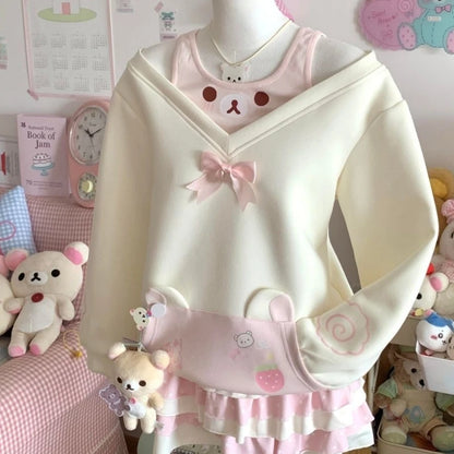 Japanese Cartoon Printing T-Shirts Y2k Aesthetic Bear Pattern Bow Kawaii Cute Tees Preppy Style Grunge Off Shoulder Casual Tops