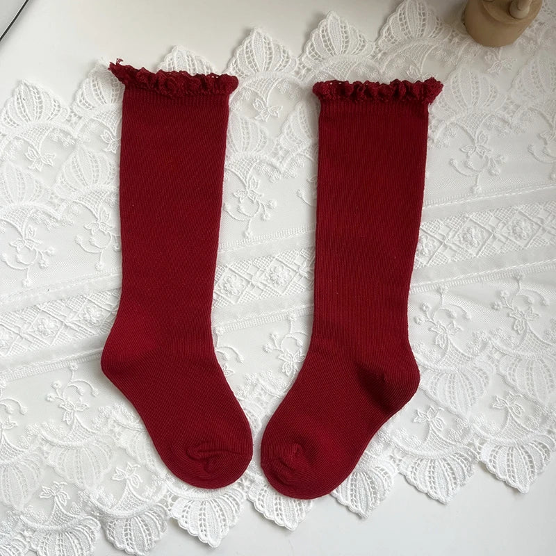 New Winter Autumn Baby Girls Knee High Socks Lace  Ruffle Long Sock Cotton Kids Toddlers Princess Christma Socken For 0-5Years