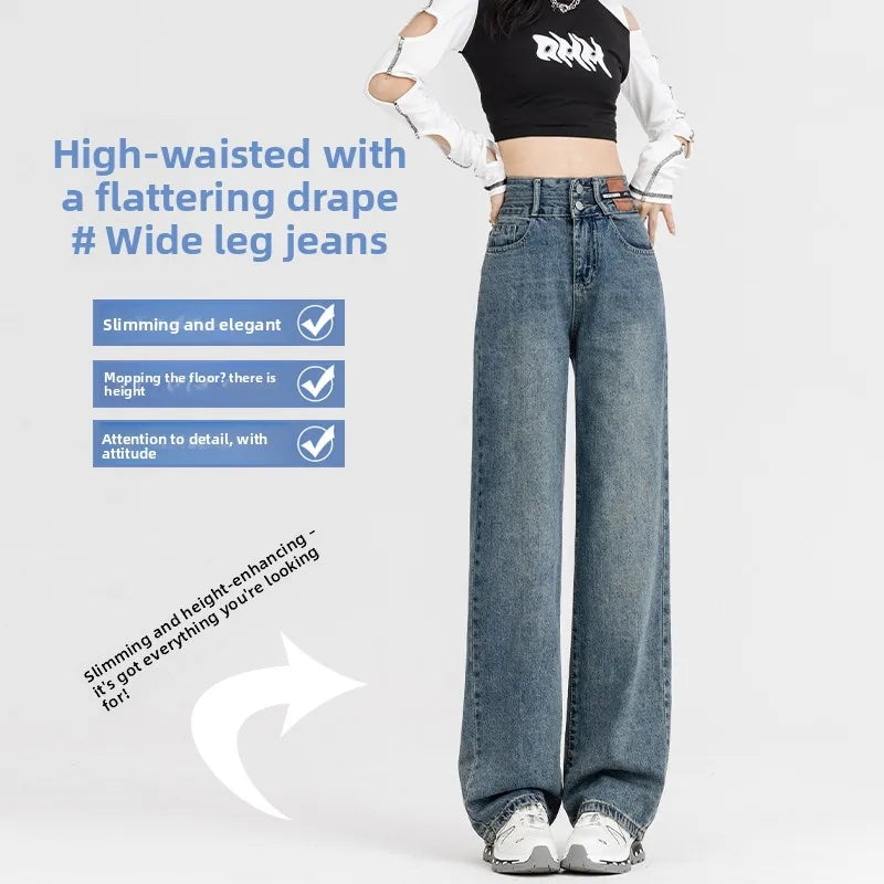 Slim Wide Leg Denim Jeans High Waist Double Bule Straight Cut Pants for Women Bla ey Autumn New Arrival Faionable Wea...