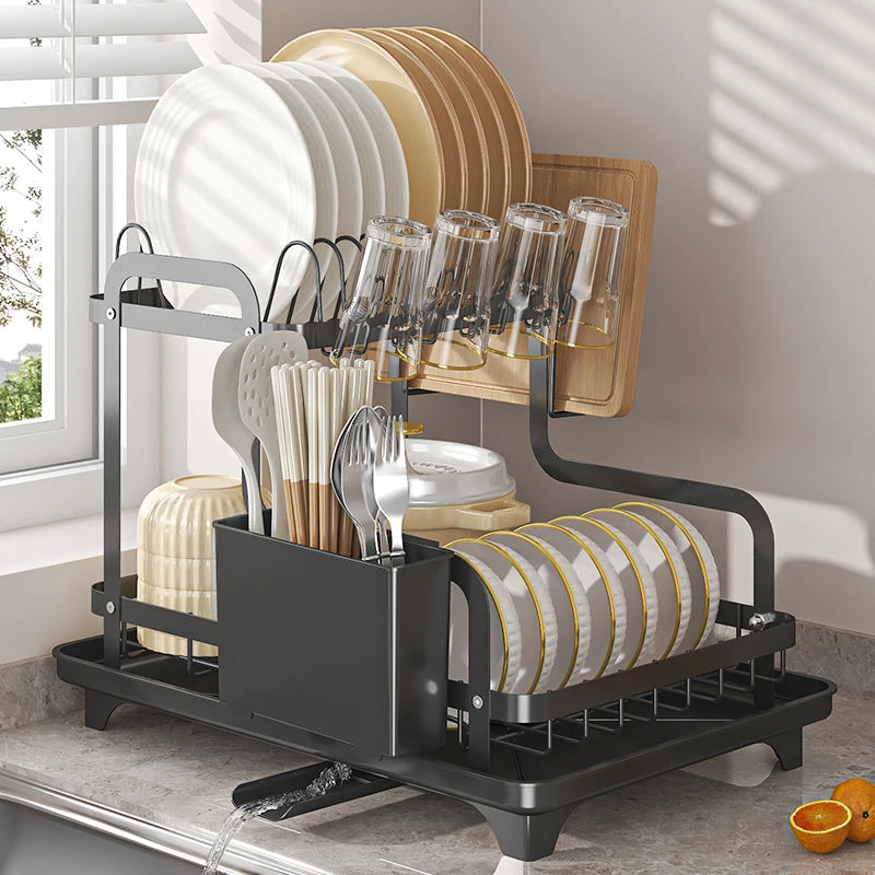 Dish Drying Rack - Over Sink Drainer with Utensil Holder, Foldable Two Tier, Auto Draining