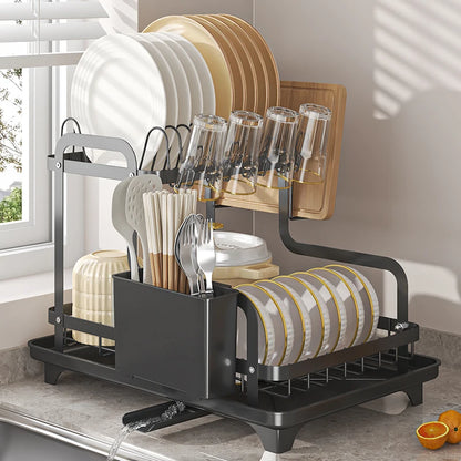 Dish Drying Rack - Over Sink Drainer with Utensil Holder, Foldable Two Tier, Auto Draining