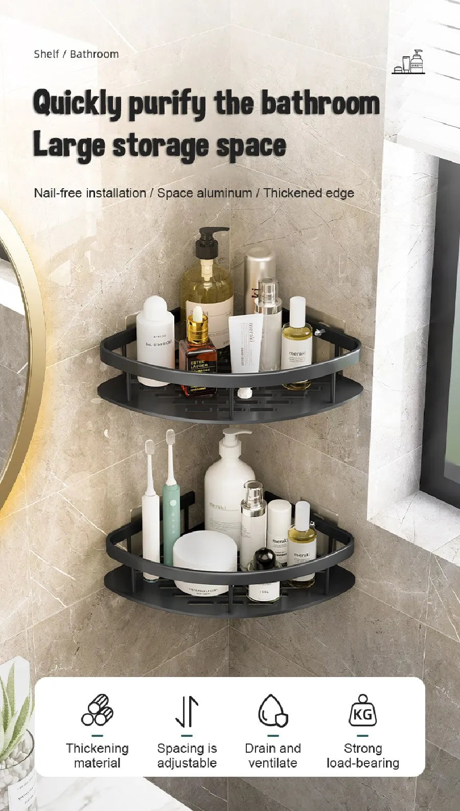 Wall-Mounted Bathroom Corner Shelf - Non-Perforated Shower Storage Organizer