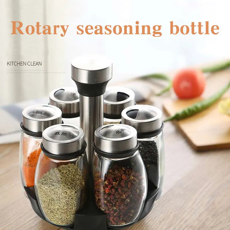 Rotating Spice Jar Set - Glass Seasoning Organizer with Rack for Kitchen Storage