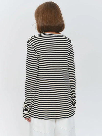 Bornladies Autumn New Fashion Women Cotton Striped Long Sleeve T Shirt Office Casual Simple Round Neck Pullover Tops & Tees