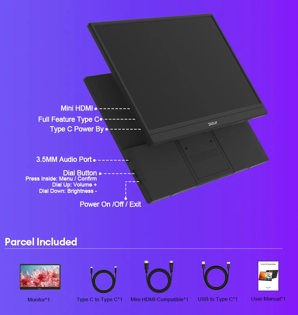 Portable Monitor - ZEUSLAP 15.6 Inch Full HD IPS Panel USB-C HDMI Display