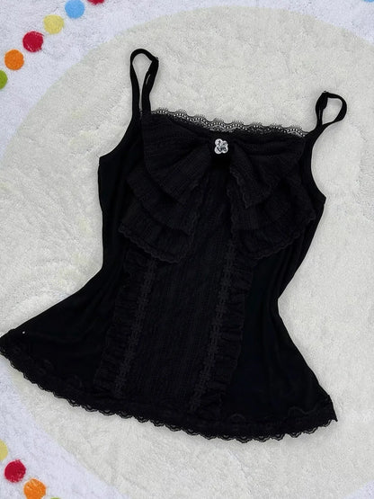 Aesthetic Gothic Lolita Black Lace 3 Piece Skirt Set Women Puff Sleeve Cardigan+Bow Cami Y2K Tops+Cake Mini Skirt Kawaii Outfit