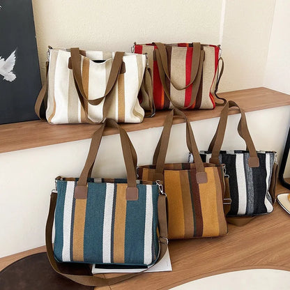 Striped Canvas Tote - Women's Crossbody Shoulder Bag With Zipper Closure, Versatile Daily Use