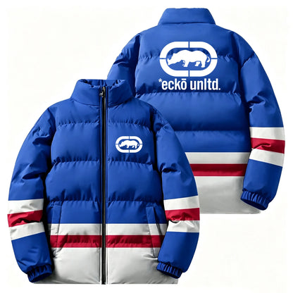 Winter Men Thick Padded Down Jacket Ecko Unltd Rhino Print Stand‑collar Zip Coat Hip‑hop Street Style Loose Warm Outerwear For D