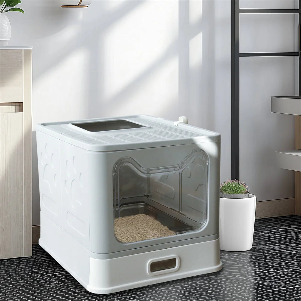 Stainless Steel Covered Cat Litter Box - Large Top Entry Pan with Scoop High Sided for Easy Cleaning - ZOOMNSTORE
