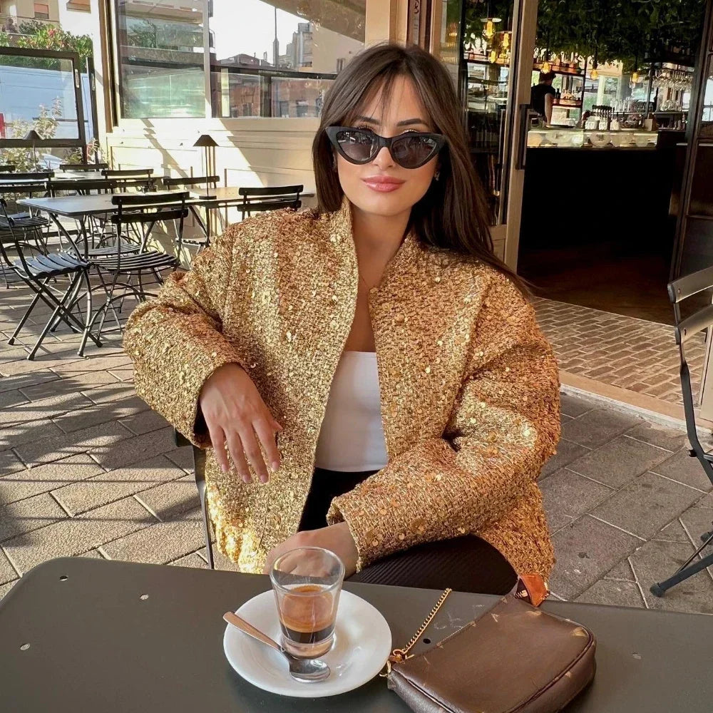 Suninheart Women's Sequined Bomber Jacket Fall O Neck Long Sleeve Gold Sequins Jacket Coat Female Glitter Chic Outerwear