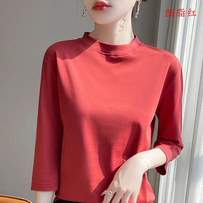 Cotton Cropped T-Shirt - Women's Semi-High Neck Loose Fit Three Quarter Sleeve Top