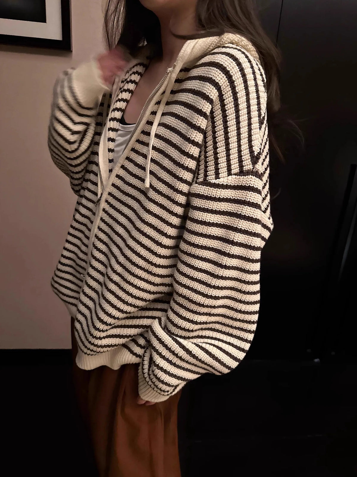 Hong Kong Style Striped Hooded Knitted Sweater Coat Women's Open Cardigan Spring Autumn Winter New Drawstring Zipper Versatil...