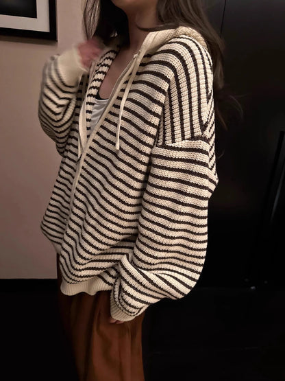 Hong Kong Style Striped Hooded Knitted Sweater Coat Women's Open Cardigan Spring Autumn Winter New Drawstring Zipper Versatil...