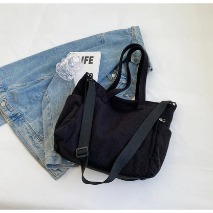 Corduroy Shoulder Bag - Large Capacity Crossbody Zipper Closure Purse