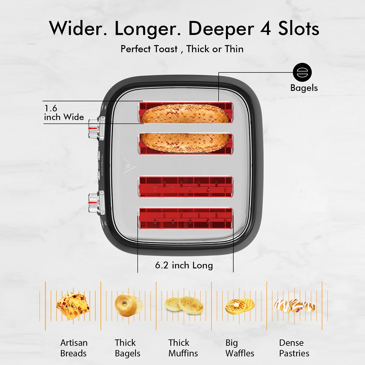 4-Slice Stainless Steel Toaster - Extra Wide Slots Dual Controls Removable Crumb Tray 6 Shade Settings Black
