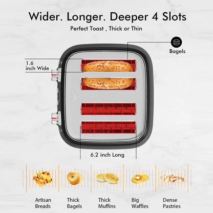 4-Slice Stainless Steel Toaster - Extra Wide Slots Dual Controls Removable Crumb Tray 6 Shade Settings Black