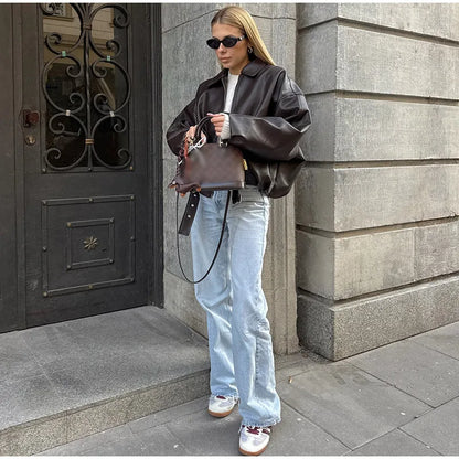 Vintage Leather Bomber Jacket – Women's PU Leather Zip Jacket With Belt & Patchwork Design