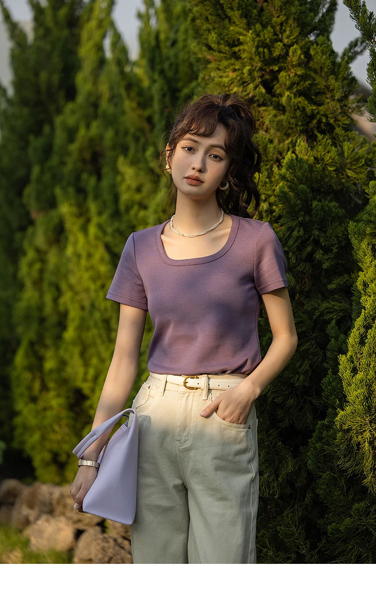 Women's Square-Neck T-Shirt – Elegant Cotton Short-Sleeve Top