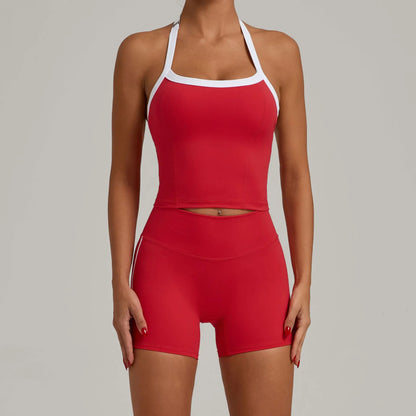 Fashion Patchwork Skinny Shorts Set Gym Women Workout Clothing Summer Sleeveless Backless Fitness Sport Suit Women Sportwear Red