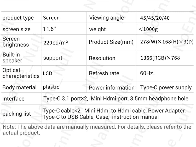 Portable Gaming Monitor 11.6 Inch TFT LCD Display - HDMI Compatible Dual Output Screen