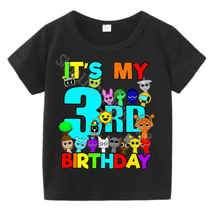 Kids Birthday Cute Cartoon Characters Graphic T-Shirt, Soft Cotton Crew Neck Tee, Casual Party Wear for Boys & Girlsdf0019