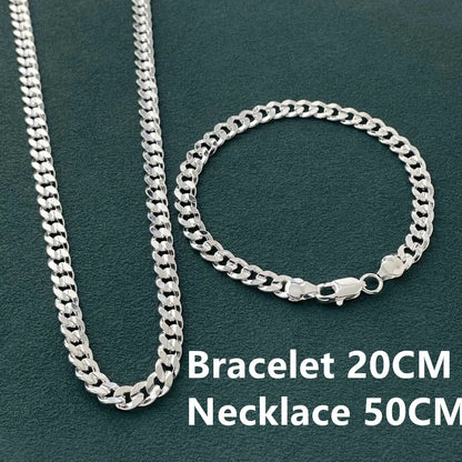 Hot high quality 925 Sterling silver charm 7MM Chain bracelets neckalces jewelry set for man women fashion Party wedding gifts