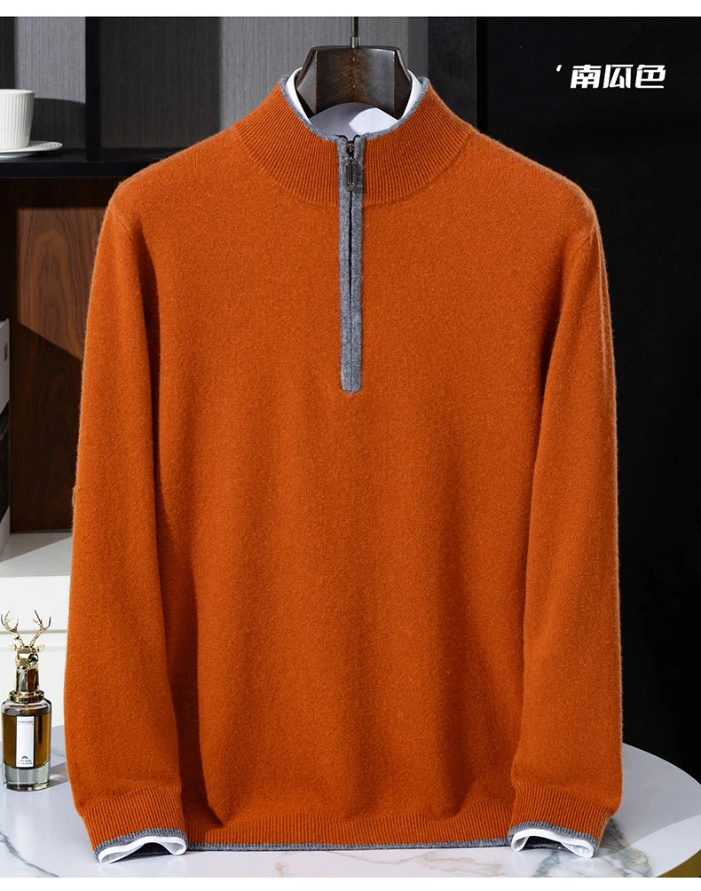 Men's 100% Cashmere Pullover Sweater Autumn/Winter Business Leisure Color Block Knitted Loose Fit Half High Collar Zipper Top