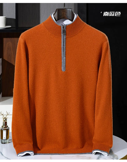 Men's 100% Cashmere Pullover Sweater Autumn/Winter Business Leisure Color Block Knitted Loose Fit Half High Collar Zipper Top
