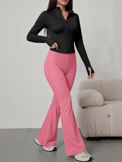 European American Women Ribbed Knit Two Piece Set, Long Sleeve Zip Top With High Waist Flare Pants, Casual Slim Daily Outfit