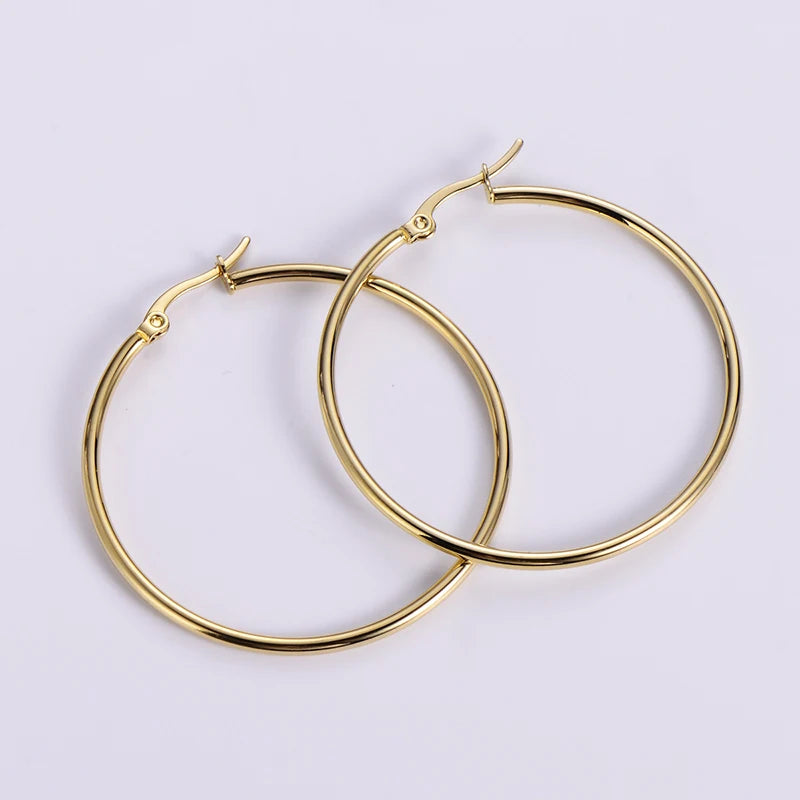 30-80mm Big Simple Classic Hoop Earrings For Women Girls Circle Stainless Steel Earrings Gold Silver Color Round Earings Gift