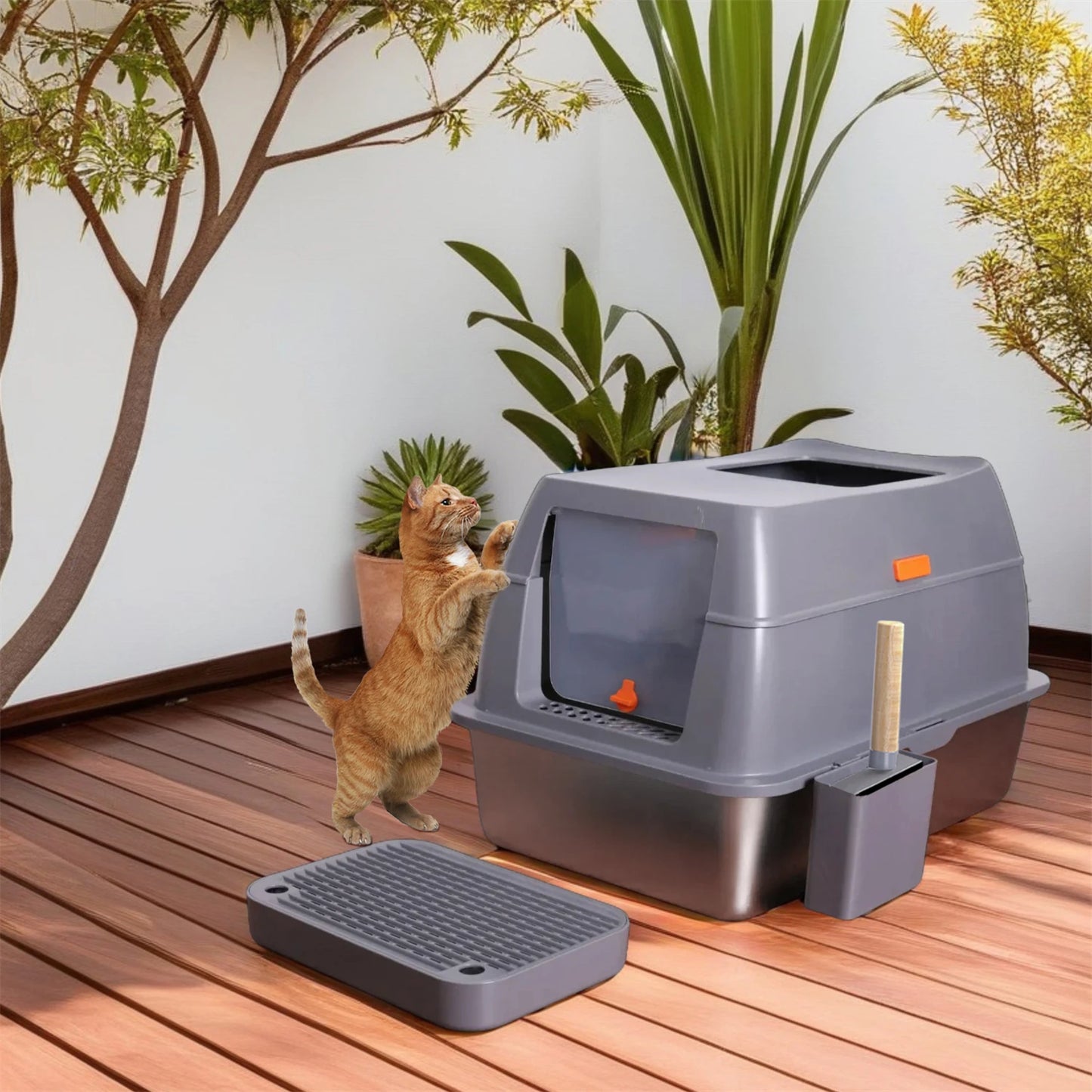 Extra Large Stainless Steel Cat Litter Box with Lid - High Wall Metal Tray for Big Cats - ZOOMNSTORE