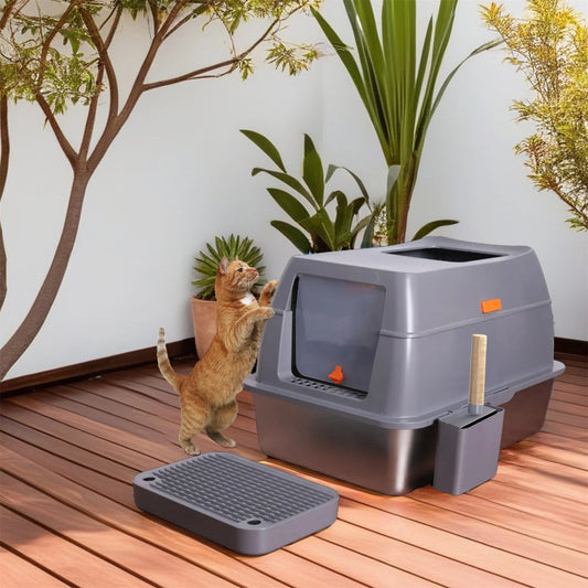 Extra Large Stainless Steel Cat Litter Box with Lid - High Wall Metal Tray for Big Cats - ZOOMNSTORE