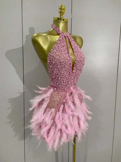 Backless Halter Dress - Women's Party Mini Sheath With Rhinestone & Feather Details