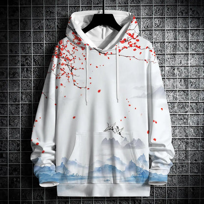 Autumn Hoodies For Men 3d Landscape Ink Print Street Designer Long Sleeved Loose Oversized Pullover Fall Fashion Men's Clothing