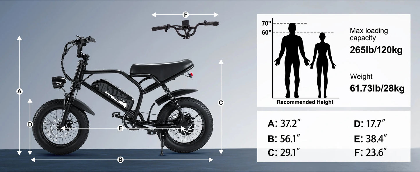 VDL Mountain Electric Bike , 16" Fat Tire Ebike, Wider Seat 250W Peak Motor, Removable Battery, Front Fork Suspension