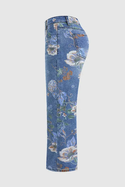 New for 2026: Women's Blue High-waisted Stretch Jeans, Vintage-style Loose-fit Wide-leg Denim Pants with A Floral Print.