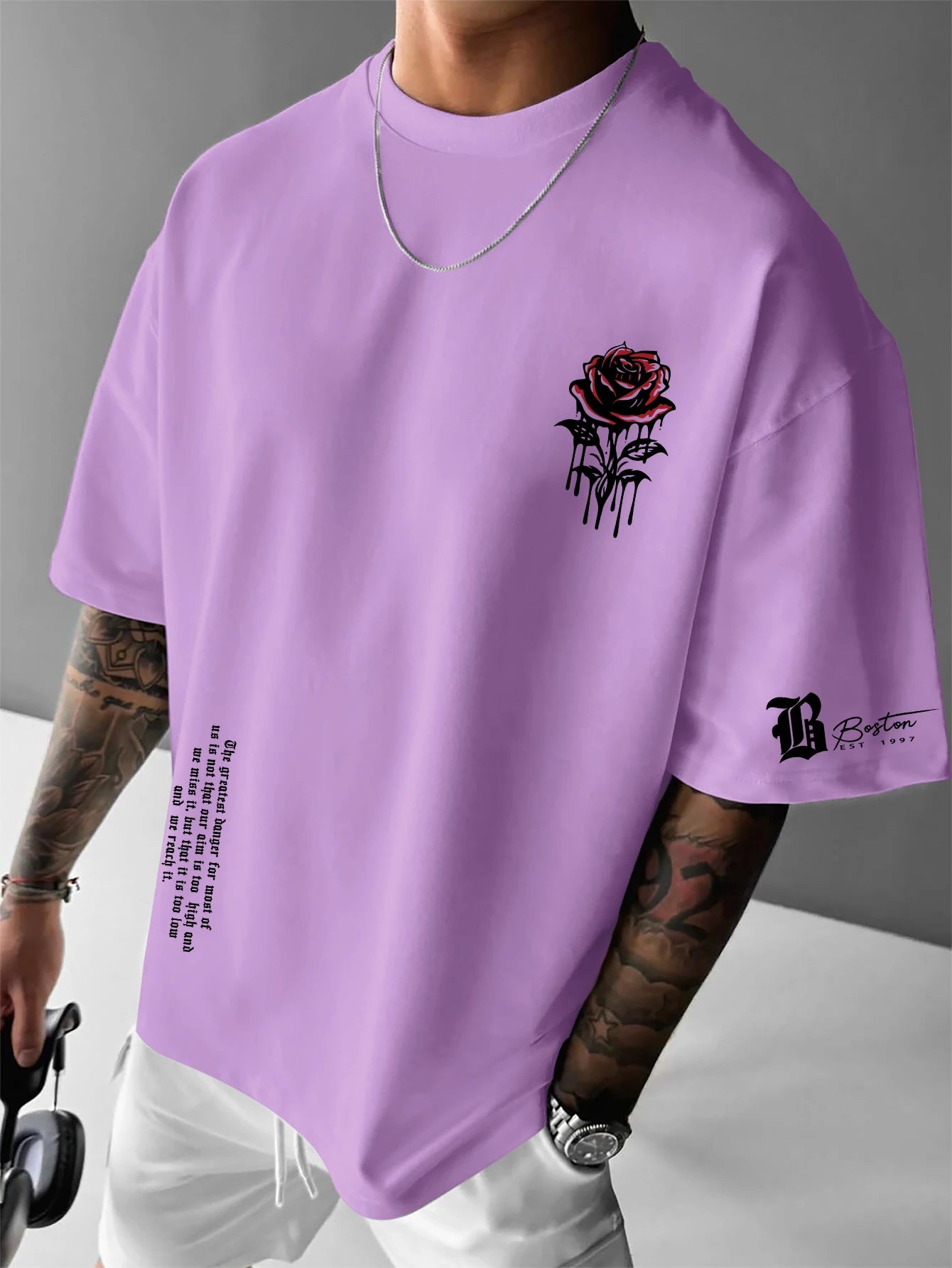 Men's Boston Gothic Rose Graphic Print T-shirt Oversized 100% Polyester American Streetwear Short Sleeve Tops S-XXL