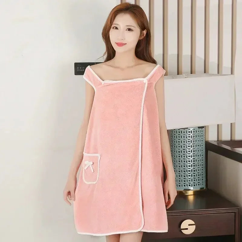 Wearable Bath Towel – Soft Absorbent Coral Fleece Snap Button Dress Robe