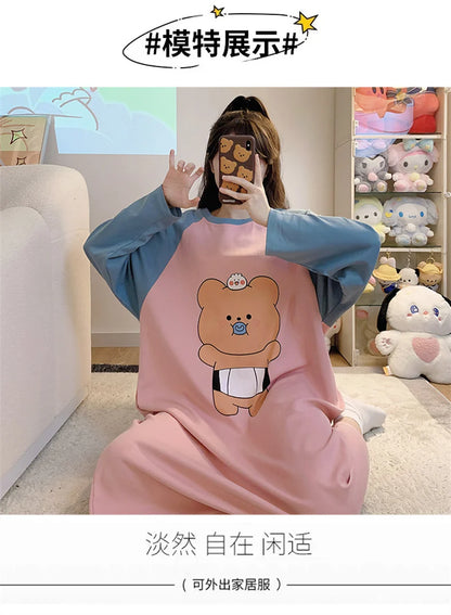 New Spring Summer Cotton Women's Pajamas Cute Long-sleeved Nightdress Cartoon Print Dress Home Service