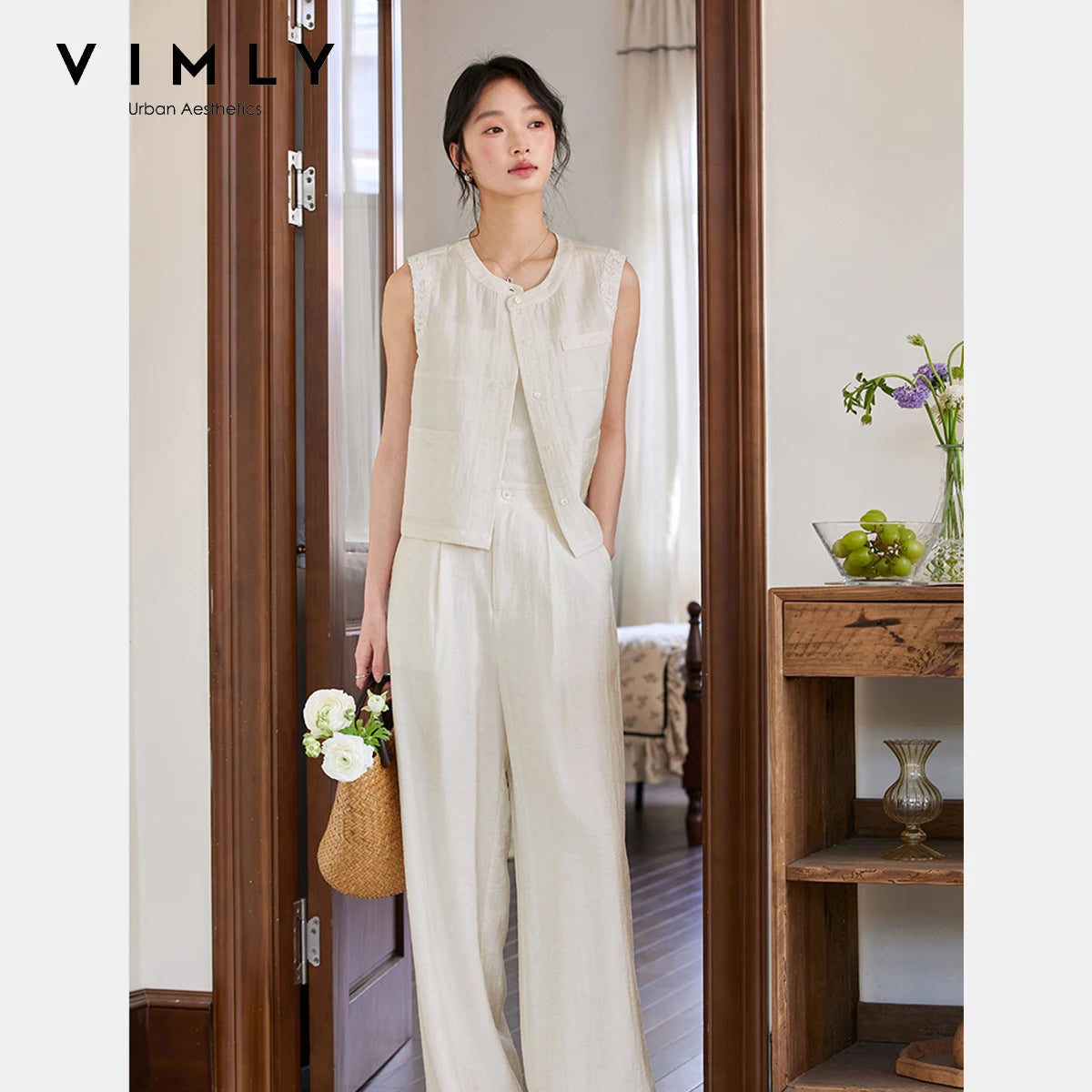 VIMLY Linen Blend Pant Set Two Piece Old Money Style Woman Summer Outfits 2026 Sleeveless Vest Wide Legs Pants Lady Suit A0820