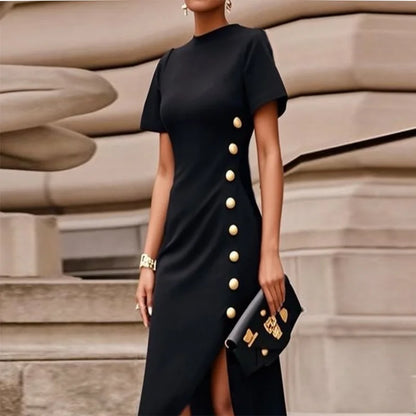 Black Maxi Dress - Women's Summer Party Dress With Gold Button & Asymmetrical Hem