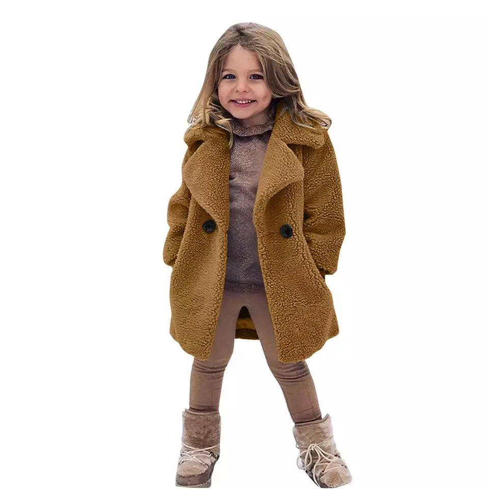 Lamb Fleece Girls Jacket Autumn Winter New Girls Long Style Solid Color Thick Warm Lapel Windbreaker For 2-6Y Girls Overcoat