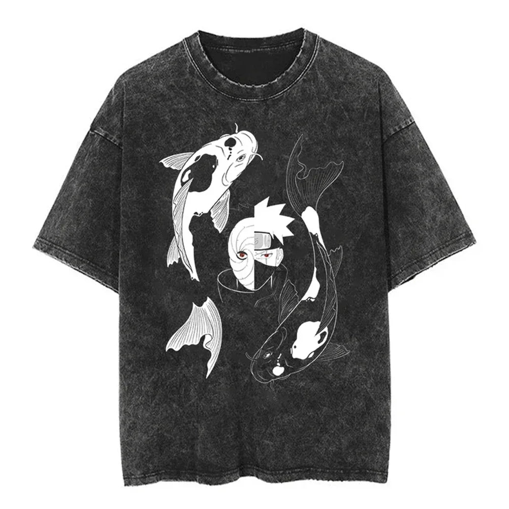 Men Streetwear Tshirt Japanese Naruto Anime Graphic T-Shirt Cotton Harajuku Washed T Shirt Summer Hip Hop Tops Tees Black