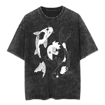 Men Streetwear Tshirt Japanese Naruto Anime Graphic T-Shirt Cotton Harajuku Washed T Shirt Summer Hip Hop Tops Tees Black