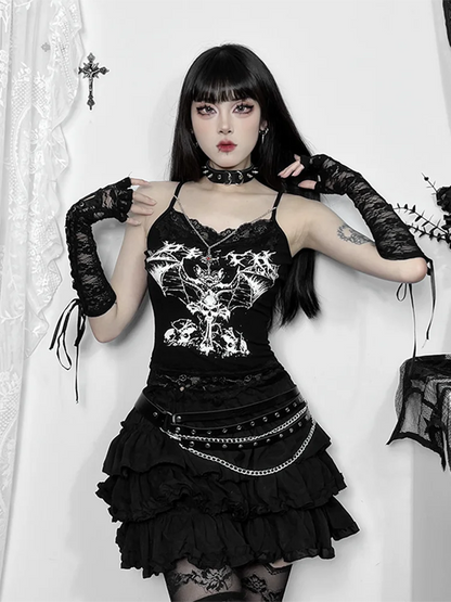 AltGoth Gothic Punk Camis Women Streetwear Harajuku Y2k Grunge Graphic Bat Printed Lace Patchwork Crop Tank Top with Chain Femme