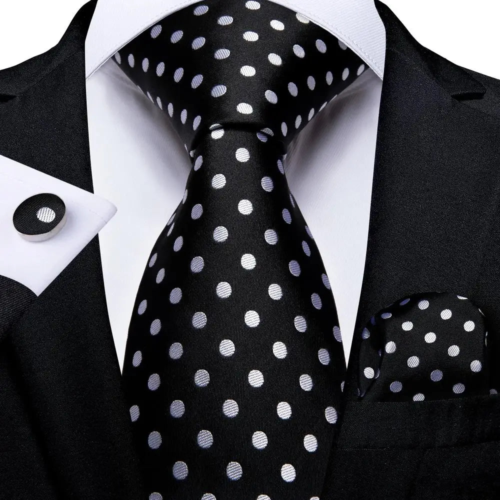 Black Floral Silk Wedding Tie Set - Elegant Necktie with Handkerchief  Cufflinks for Men