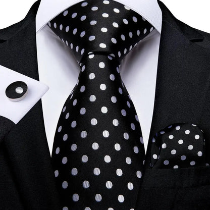Black Floral Silk Wedding Tie Set - Elegant Necktie with Handkerchief  Cufflinks for Men