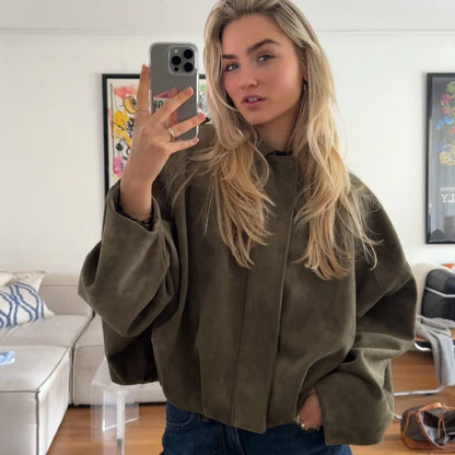 Vintage Suede Green Bomber Jacket Women Loose Lapel Full Sleeve Zipper Commute Coat 2025 Autumn Lady High Street All-match Coats