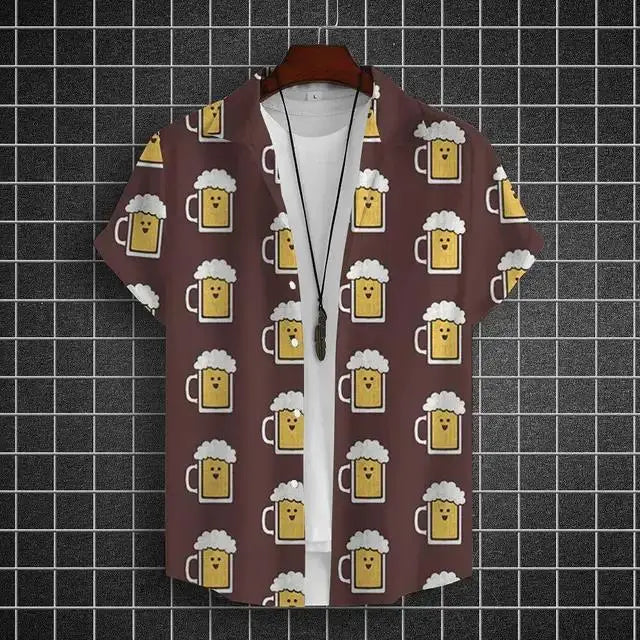 Hawaiian Shirt For Men 3d Beer Printed Short Sleeve Shirts Party Tees Summer Casual Tops Loose Oversized Clothing