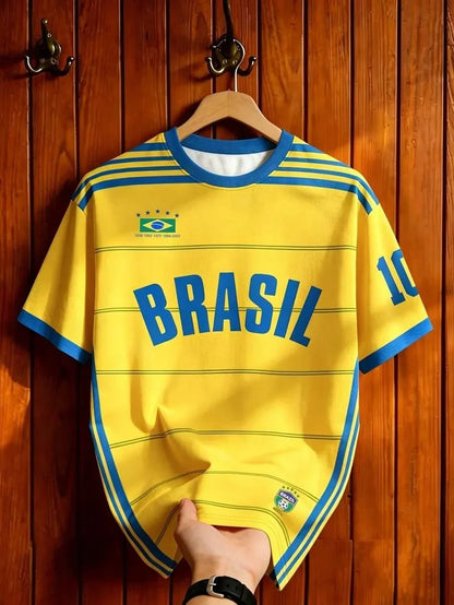 2026 Kids Brazil Football T-Shirt Soccer Jersey Stripe Retro Print Breathable Quick Dry Training Tee Fan Sport Tops For Men Women